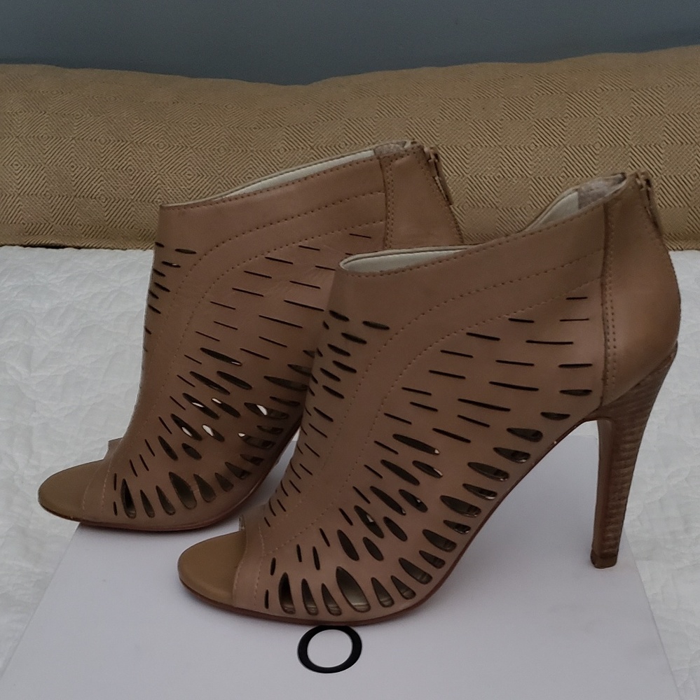 Tan open toe heels